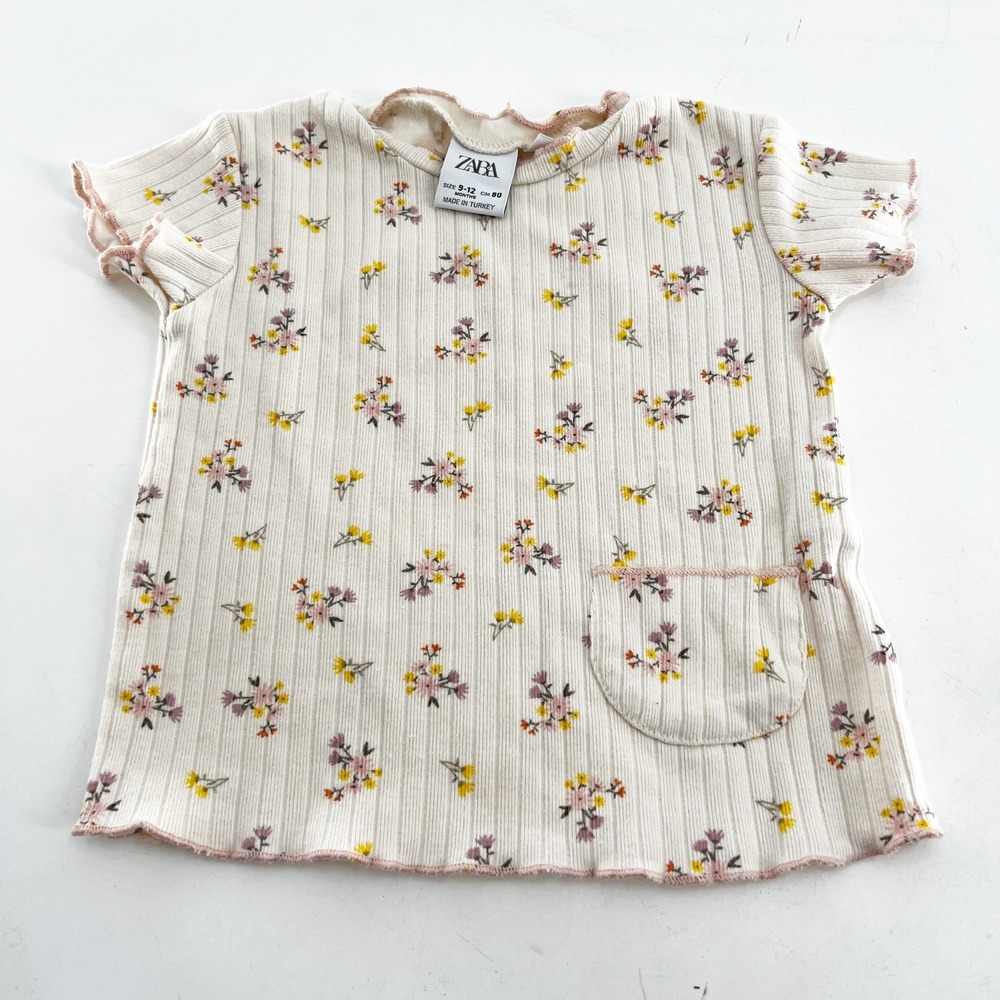 Zara Baby Floral Ribbed Pocket T Shirt Top, Size 9-12‎ Months